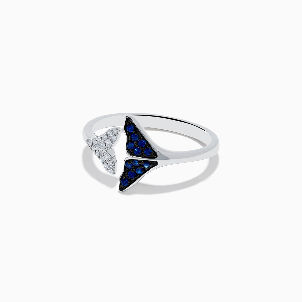 The Seaside 14K White Gold Sapphire and Diamond Whale Tails Ring (0.18 TCW) features two elegant tails, one adorned with diamonds and the other with sapphires, symbolizing oceanic grace.