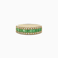 The Brasilica 14K Yellow Gold Emerald and Diamond Ring, 1.27 TCW, showcases a central row of rectangular emeralds bordered by sparkling white diamonds.