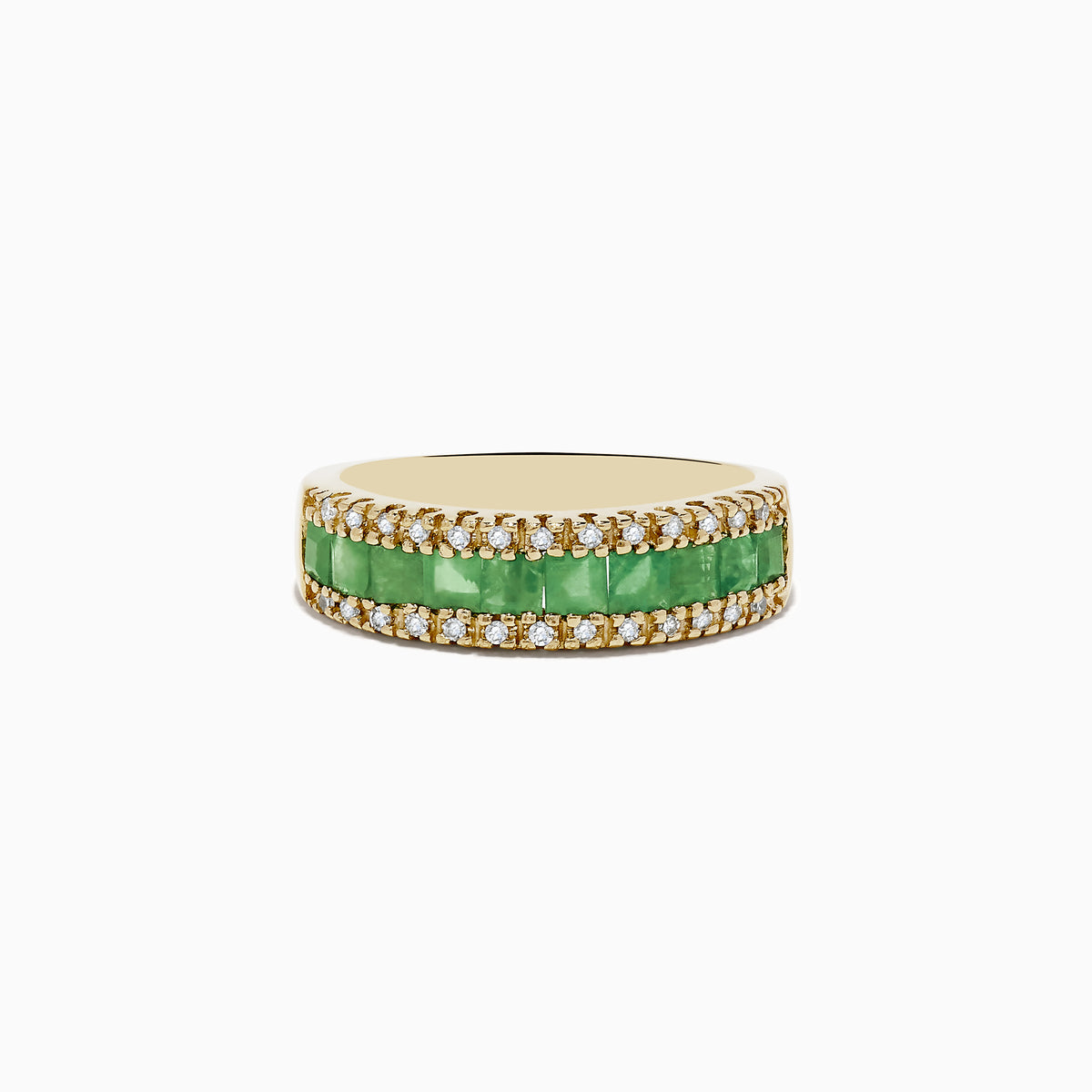 The Brasilica 14K Yellow Gold Emerald and Diamond Ring, 1.27 TCW, showcases a central row of rectangular emeralds bordered by sparkling white diamonds.