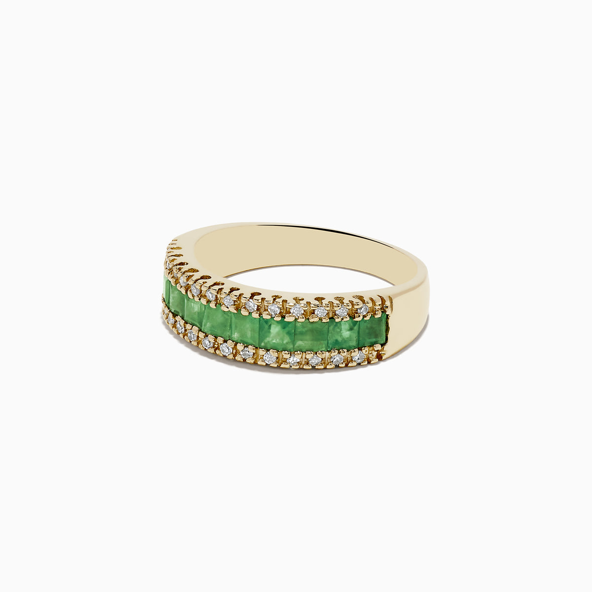 The Brasilica 14K Yellow Gold Emerald and Diamond Ring, 1.27 TCW, showcases a central row of rectangular emeralds bordered by sparkling white diamonds.