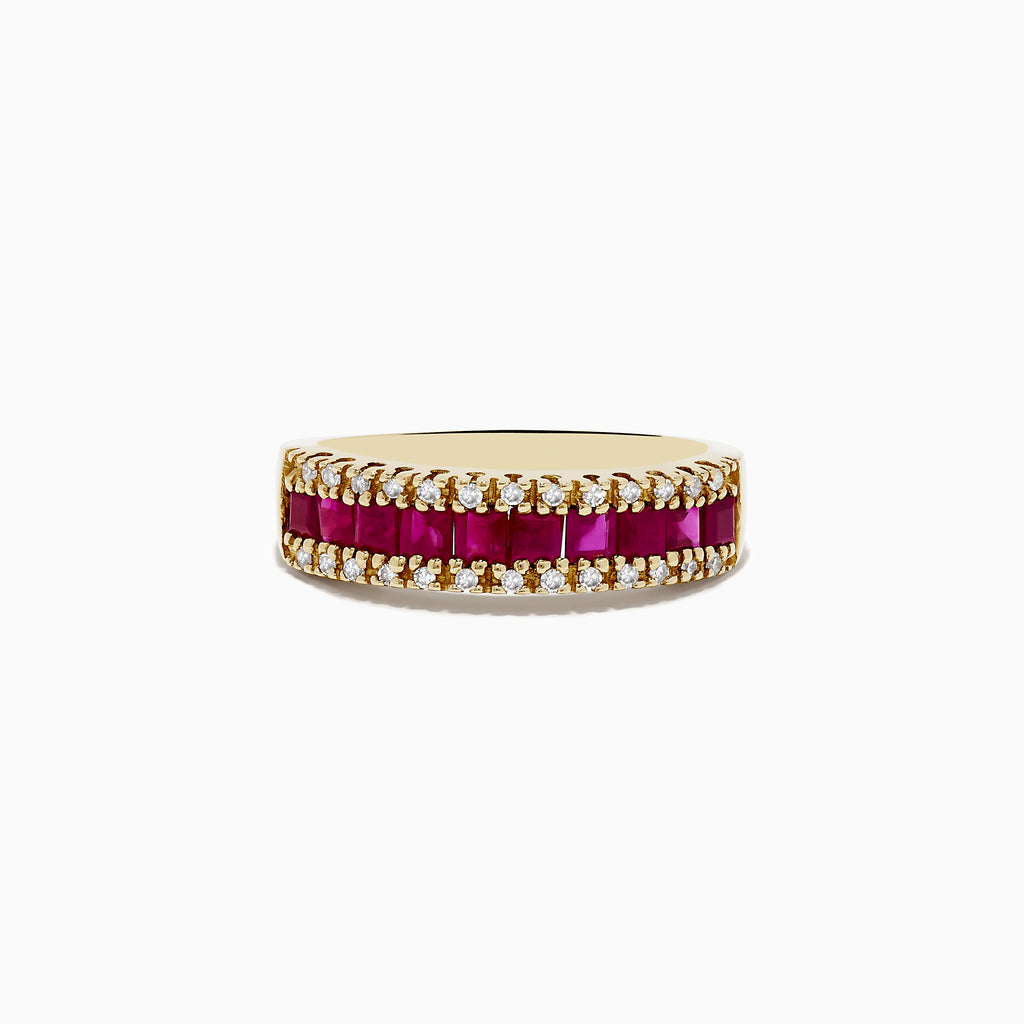 The Ruby Royal 14K Yellow Gold Princess Cut Ruby Band, 1.46 TCW, showcases a central row of princess cut rubies flanked by round white diamonds on each side, creating an elegant and symmetrical polished design.