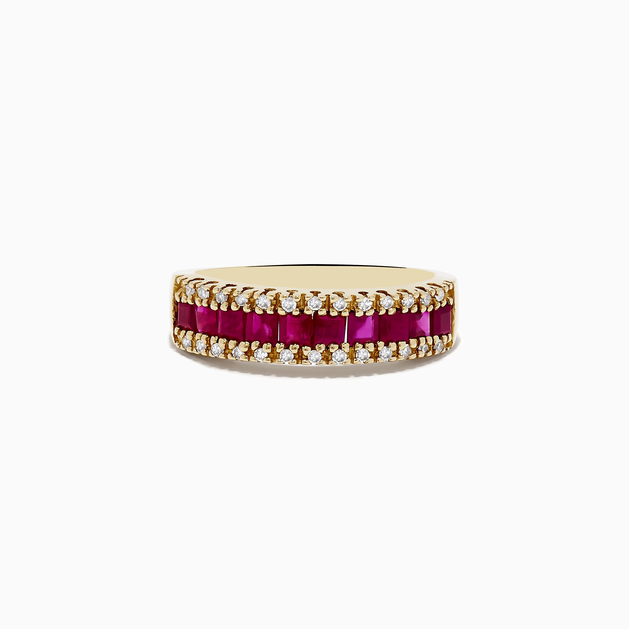 The Ruby Royal 14K Yellow Gold Princess Cut Ruby Band, 1.46 TCW, showcases a central row of princess cut rubies flanked by round white diamonds on each side, creating an elegant and symmetrical polished design.