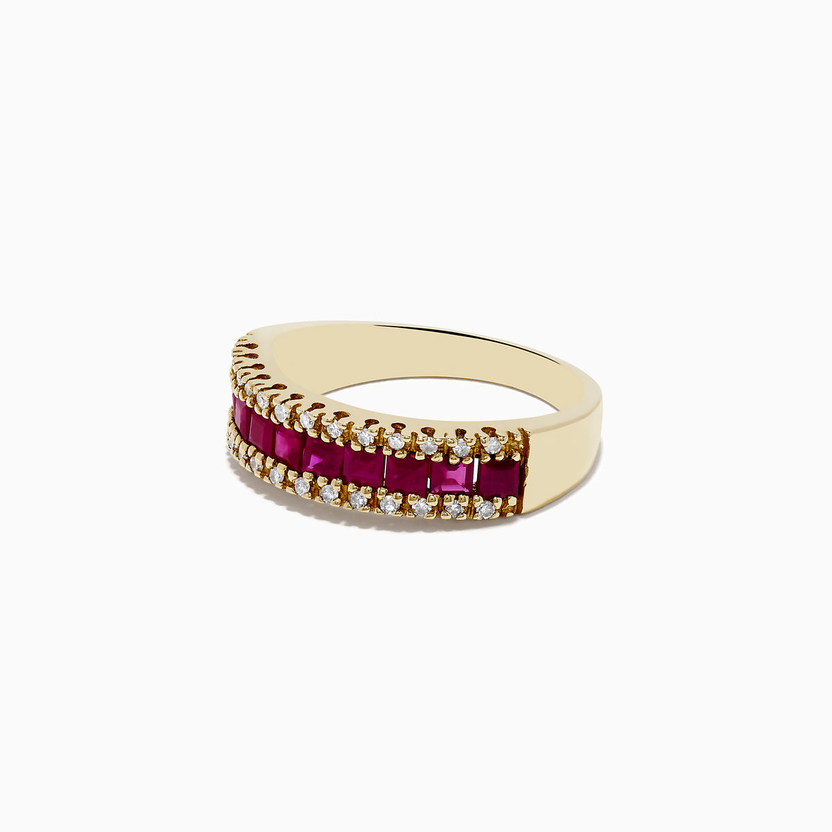 The Ruby Royal 14K Yellow Gold Princess Cut Ruby Band, 1.46 TCW, showcases a central row of princess cut rubies flanked by round white diamonds on each side, creating an elegant and symmetrical polished design.