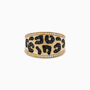 The Signature 14K Yellow Gold Multi Color Diamond Leopard Spot Ring features a bold gold band with black and brown gemstone leopard spots, accented by rows of multi-color diamonds along the edges.