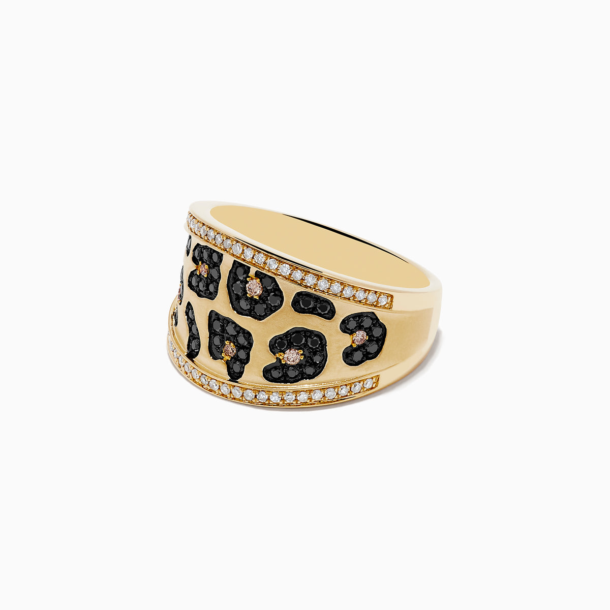 The Signature 14K Yellow Gold Multi Color Diamond Leopard Spot Ring features a bold gold band with black and brown gemstone leopard spots, accented by rows of multi-color diamonds along the edges.