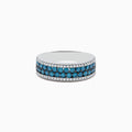 The Bella Bleu 14K White Gold Blue and White Diamond Ring (1.12 TCW) features three rows of round blue stones at the center, bordered by two rows of clear white accents on the top and bottom.