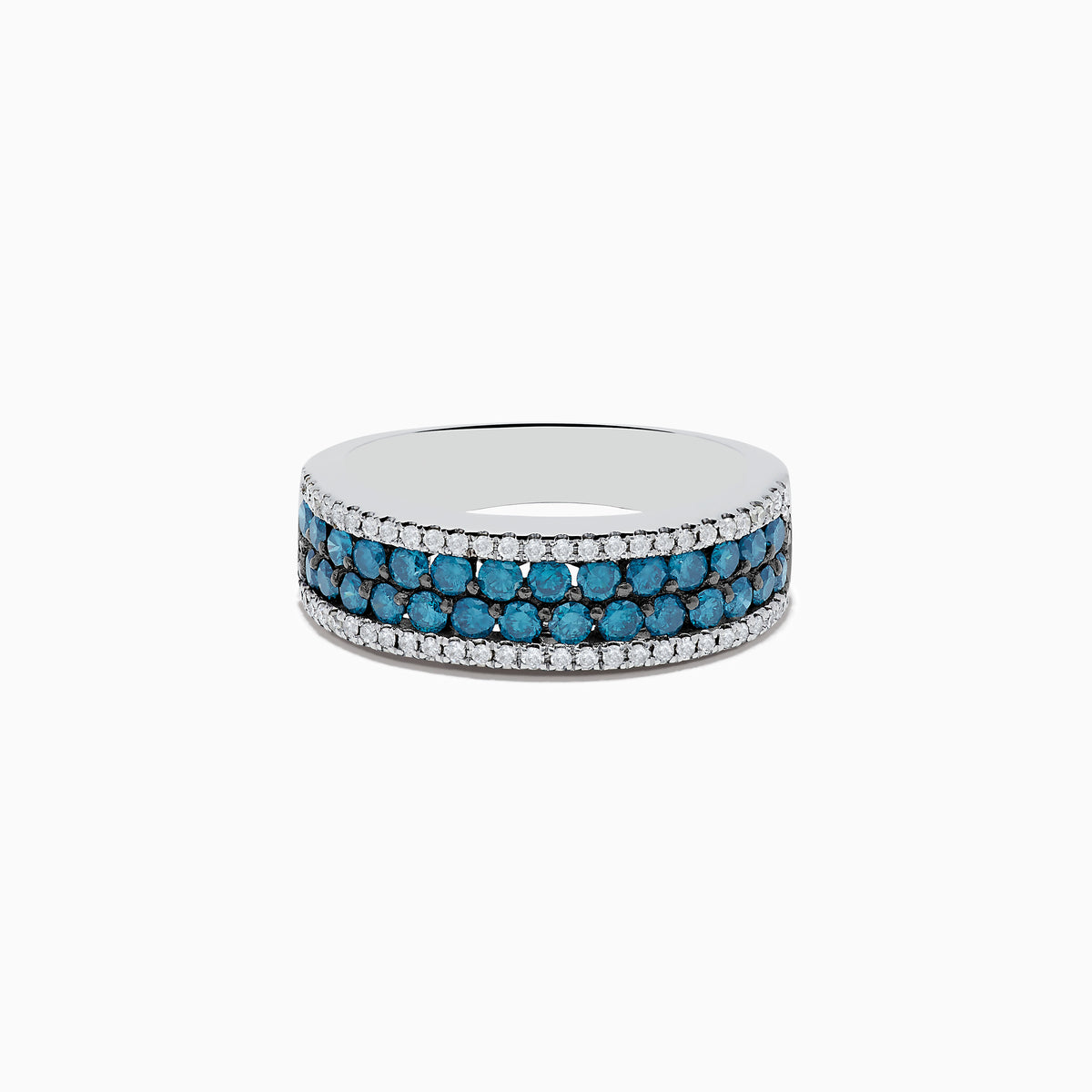 The Bella Bleu 14K White Gold Blue and White Diamond Ring (1.12 TCW) features three rows of round blue stones at the center, bordered by two rows of clear white accents on the top and bottom.