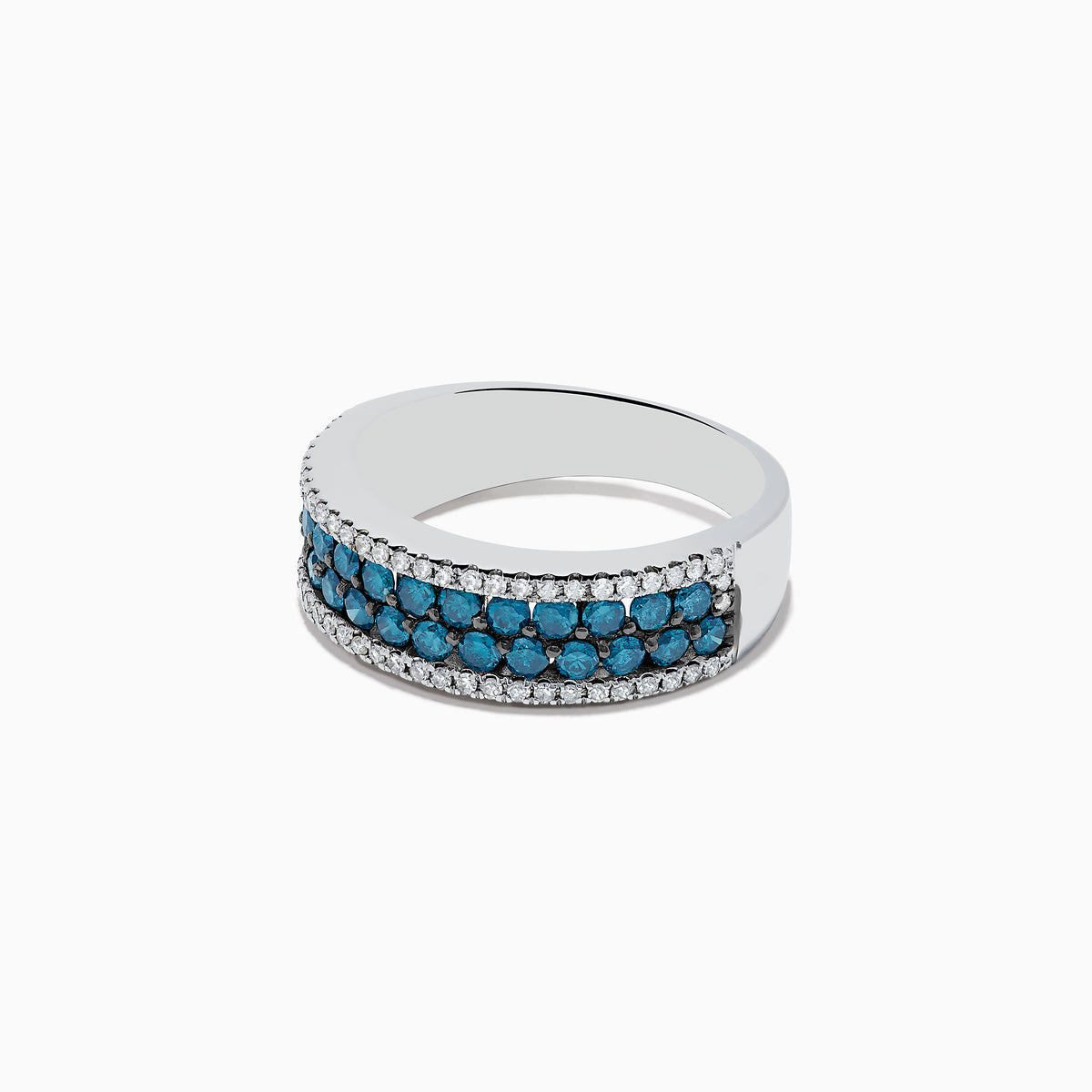 The Bella Bleu 14K White Gold Blue and White Diamond Ring (1.12 TCW) features three rows of round blue stones at the center, bordered by two rows of clear white accents on the top and bottom.