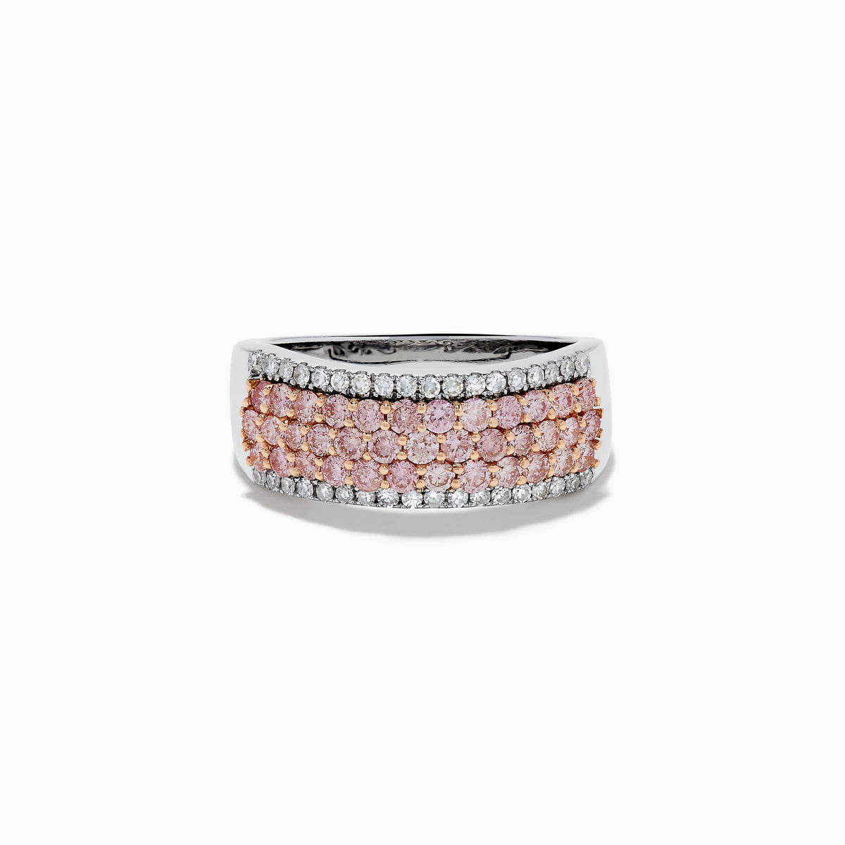 The 14K Two-Tone Gold Pink and White Diamond Ring showcases alternating rows of sparkling white and pink diamonds, blending the brilliance of white stones with the warmth of rose gold for an elegant, eye-catching look.