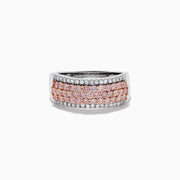 The 14K Two-Tone Gold Pink and White Diamond Ring showcases alternating rows of sparkling white and pink diamonds, blending the brilliance of white stones with the warmth of rose gold for an elegant, eye-catching look.