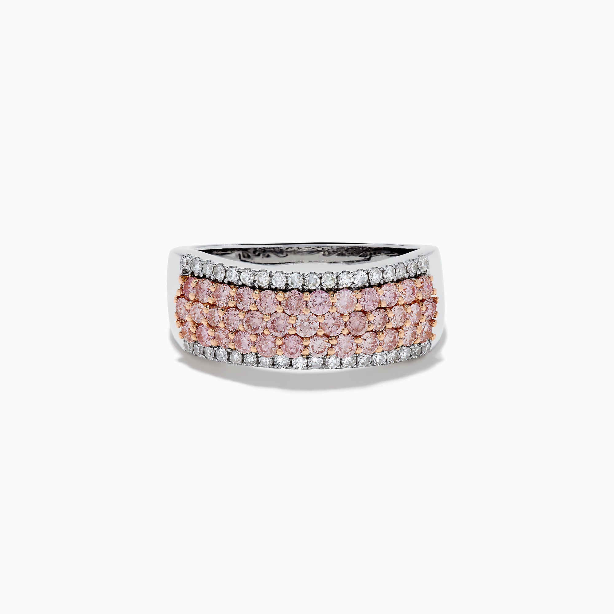 The 14K Two-Tone Gold Pink and White Diamond Ring showcases alternating rows of sparkling white and pink diamonds, blending the brilliance of white stones with the warmth of rose gold for an elegant, eye-catching look.