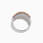 The 14K Two-Tone Gold Pink and White Diamond Ring showcases alternating rows of sparkling white and pink diamonds, blending the brilliance of white stones with the warmth of rose gold for an elegant, eye-catching look.