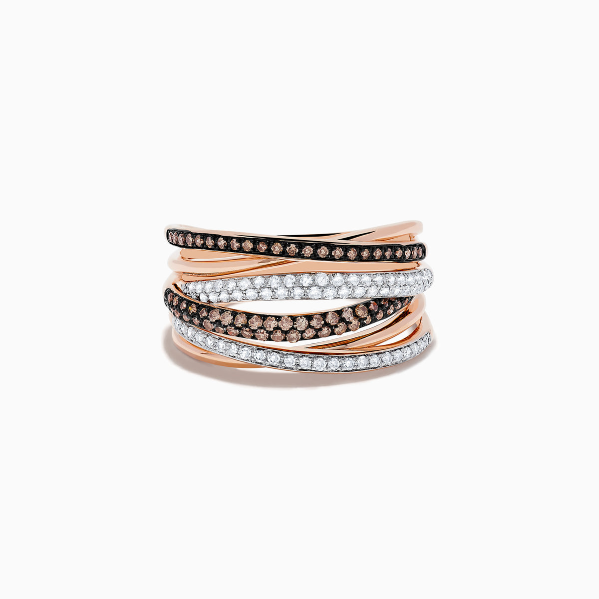 The 14K Rose Gold Brown and White Diamond Ring features alternating rows of brown and white diamonds in a stunning intertwined design, totaling 0.56 TCW, on elegant rose gold.