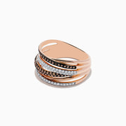 The 14K Rose Gold Brown and White Diamond Ring features alternating rows of brown and white diamonds in a stunning intertwined design, totaling 0.56 TCW, on elegant rose gold.