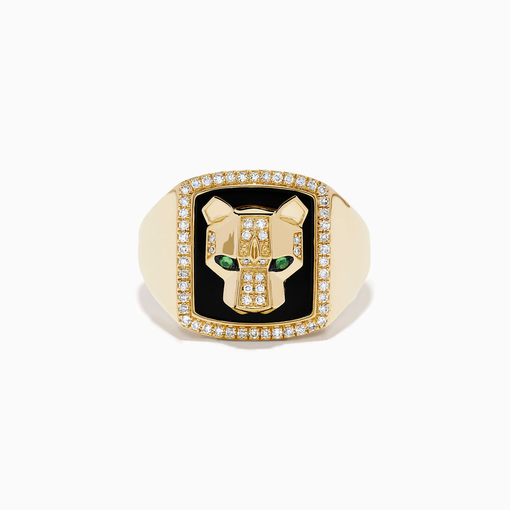 Men's 14K yellow gold panther ring with onyx background, diamond accents outlining the face and border, and a detailed panther head design.