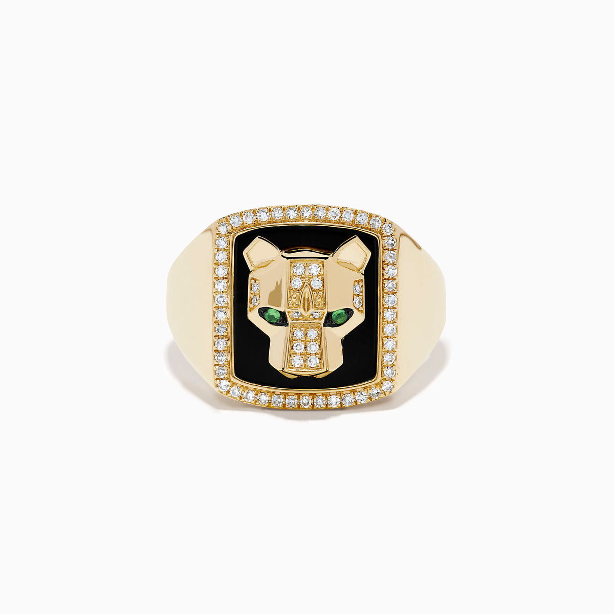 Men's 14K yellow gold panther ring with onyx background, diamond accents outlining the face and border, and a detailed panther head design.
