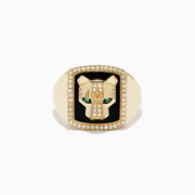 Men's 14K yellow gold panther ring with onyx background, diamond accents outlining the face and border, and a detailed panther head design.