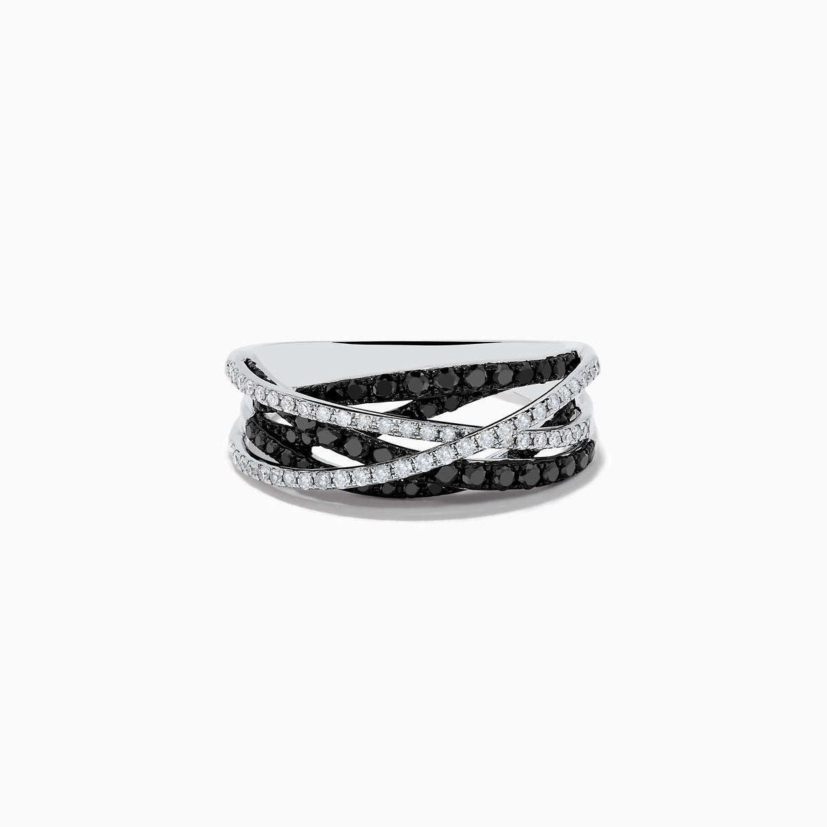 A 14K White Gold Black and White Diamond Ring (.72 TCW) with intertwined bands—one adorned with black diamonds, the other with white stones—displayed against a plain white background.