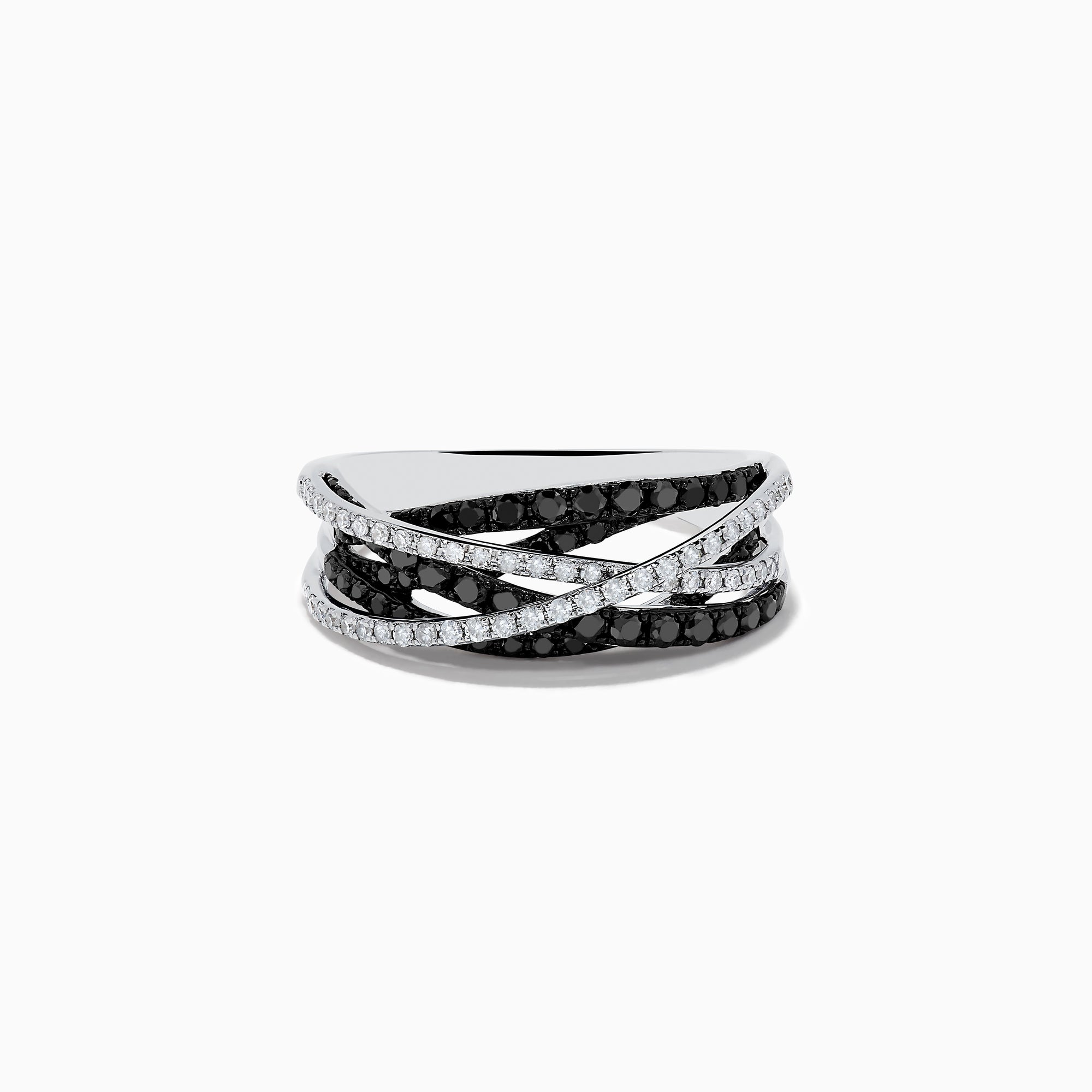A 14K White Gold Black and White Diamond Ring (.72 TCW) with intertwined bands—one adorned with black diamonds, the other with white stones—displayed against a plain white background.