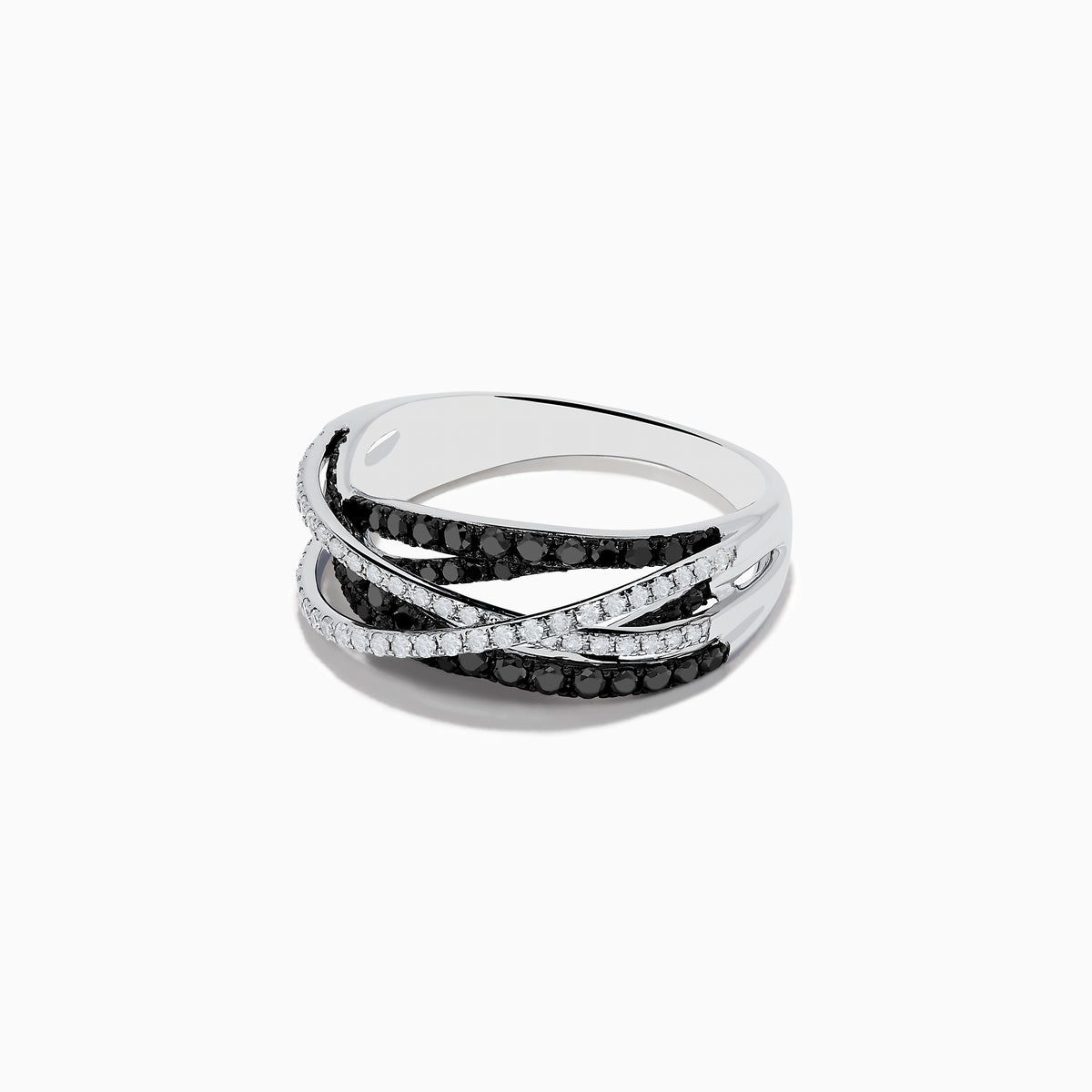 A 14K White Gold Black and White Diamond Ring (.72 TCW) with intertwined bands—one adorned with black diamonds, the other with white stones—displayed against a plain white background.