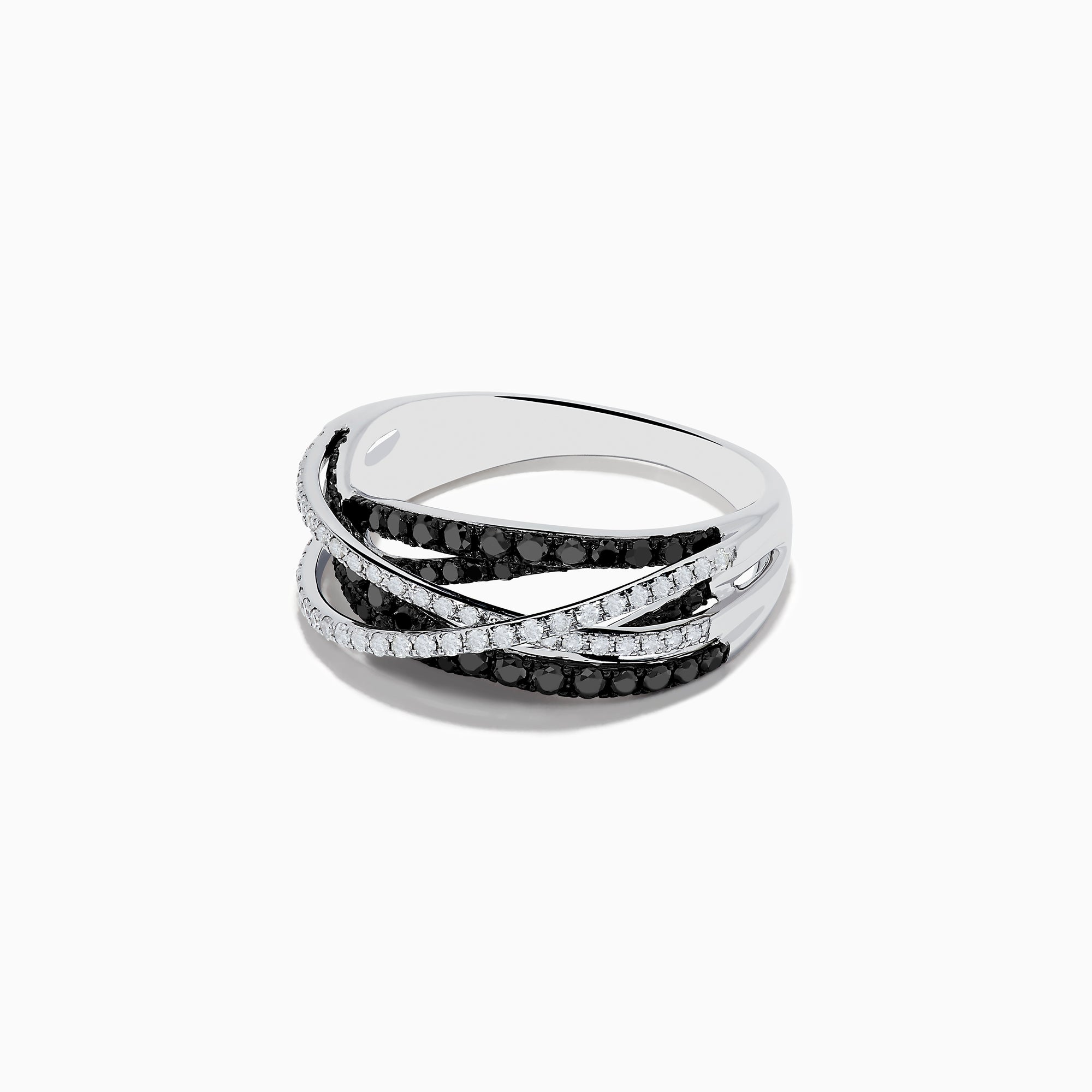 A 14K White Gold Black and White Diamond Ring (.72 TCW) with intertwined bands—one adorned with black diamonds, the other with white stones—displayed against a plain white background.
