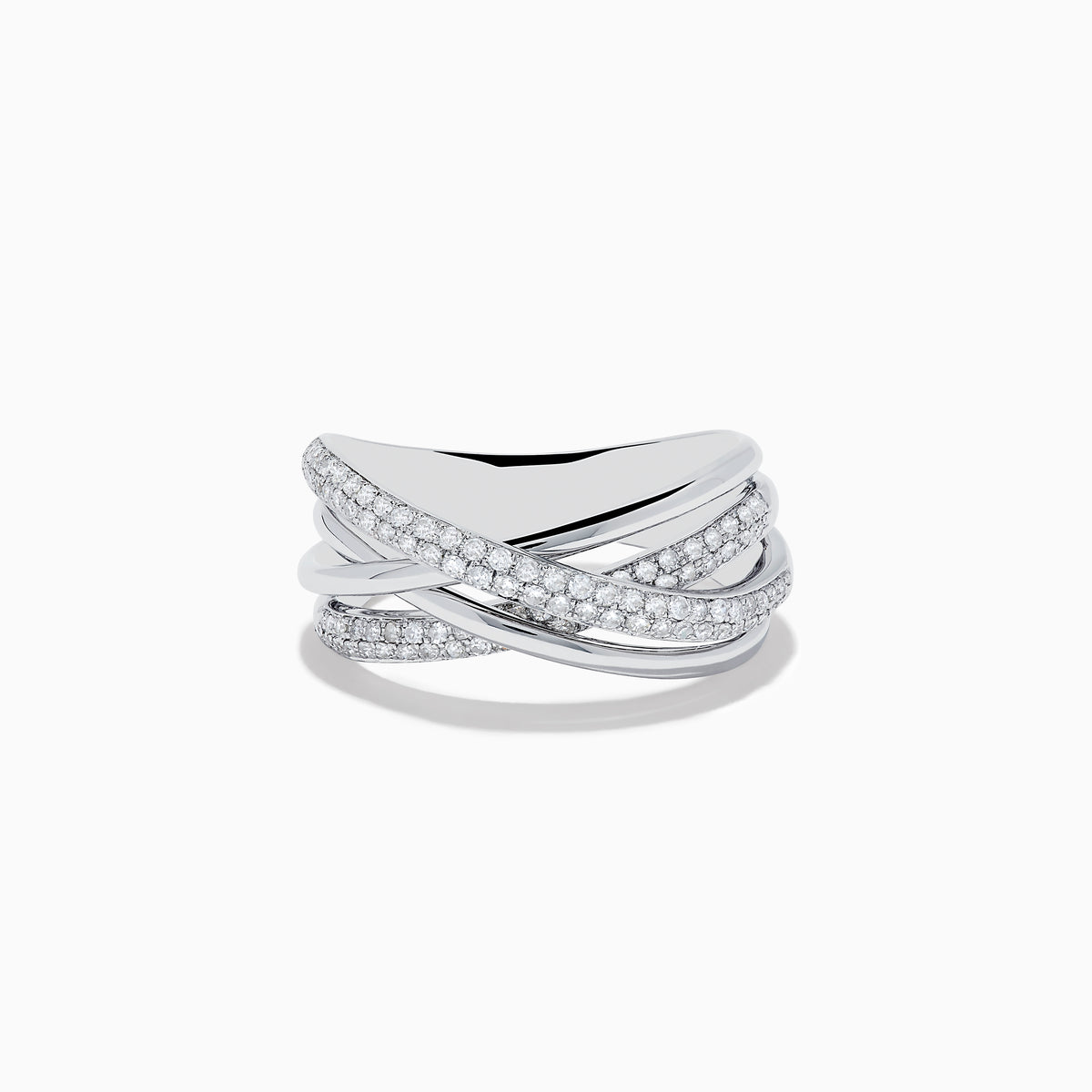 The Pave Classica 14K White Gold Diamond Cross Over Ring, 0.40 TCW, features overlapping bands—two set with sparkling diamonds—in an elegant, intertwined design. Shown against a white background.