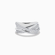 The Pave Classica 14K White Gold Diamond Cross Over Ring, 0.40 TCW, features overlapping bands—two set with sparkling diamonds—in an elegant, intertwined design. Shown against a white background.