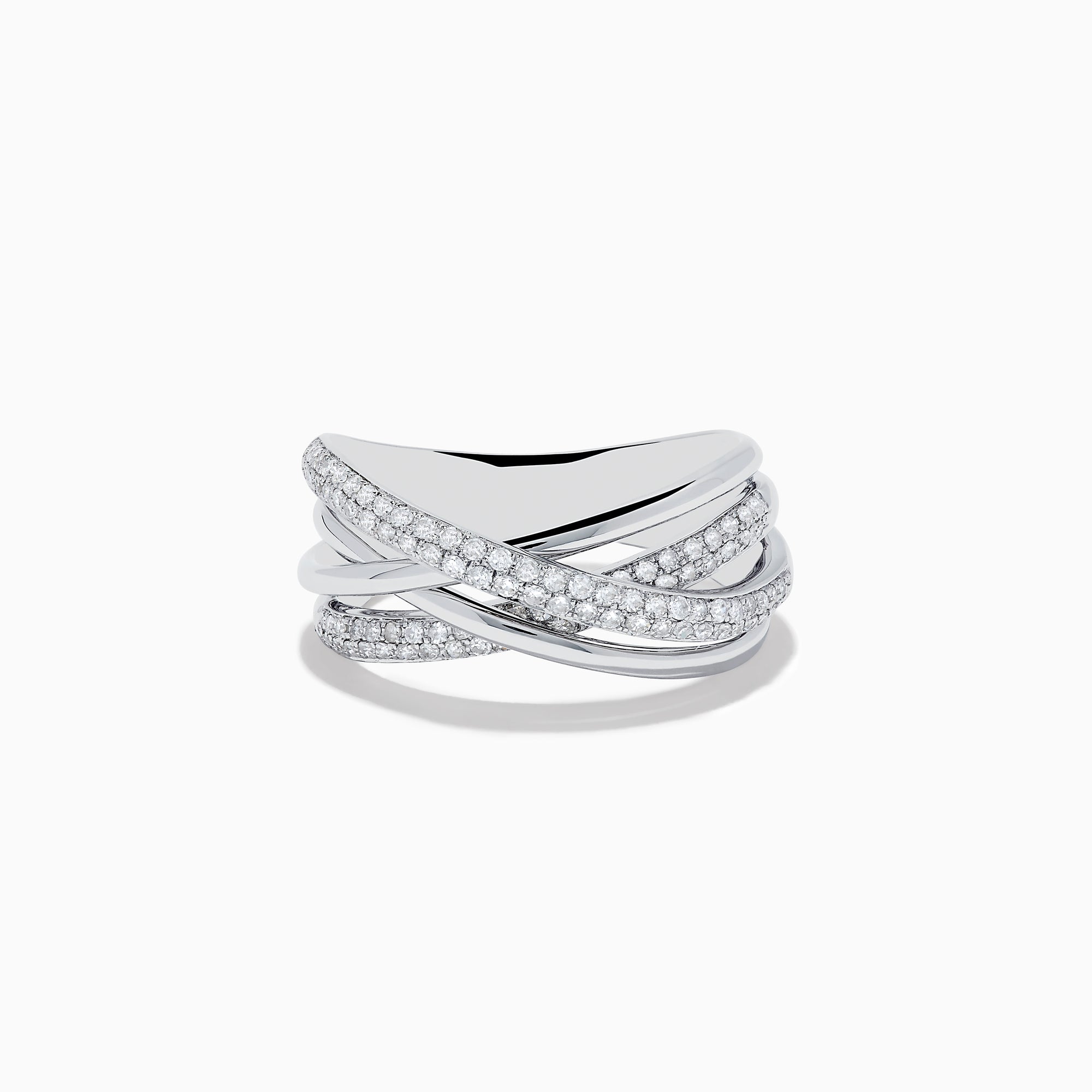 The Pave Classica 14K White Gold Diamond Cross Over Ring, 0.40 TCW, features overlapping bands—two set with sparkling diamonds—in an elegant, intertwined design. Shown against a white background.