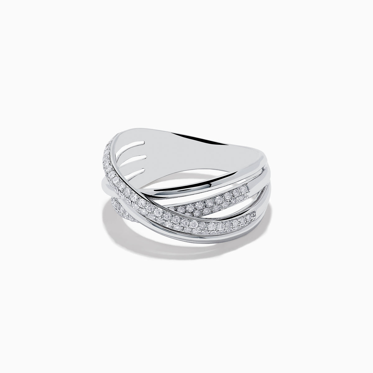 The Pave Classica 14K White Gold Diamond Cross Over Ring, 0.40 TCW, features overlapping bands—two set with sparkling diamonds—in an elegant, intertwined design. Shown against a white background.