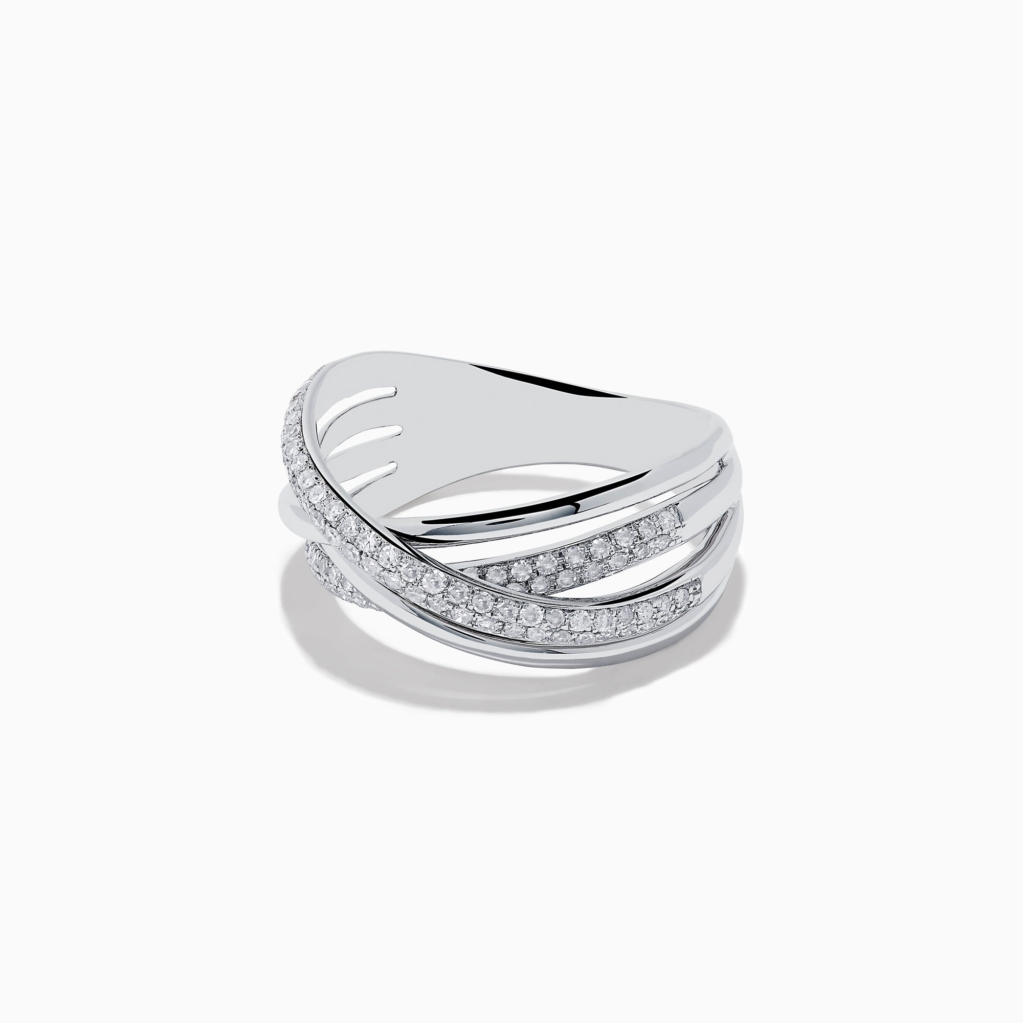 The Pave Classica 14K White Gold Diamond Cross Over Ring, 0.40 TCW, features overlapping bands—two set with sparkling diamonds—in an elegant, intertwined design. Shown against a white background.