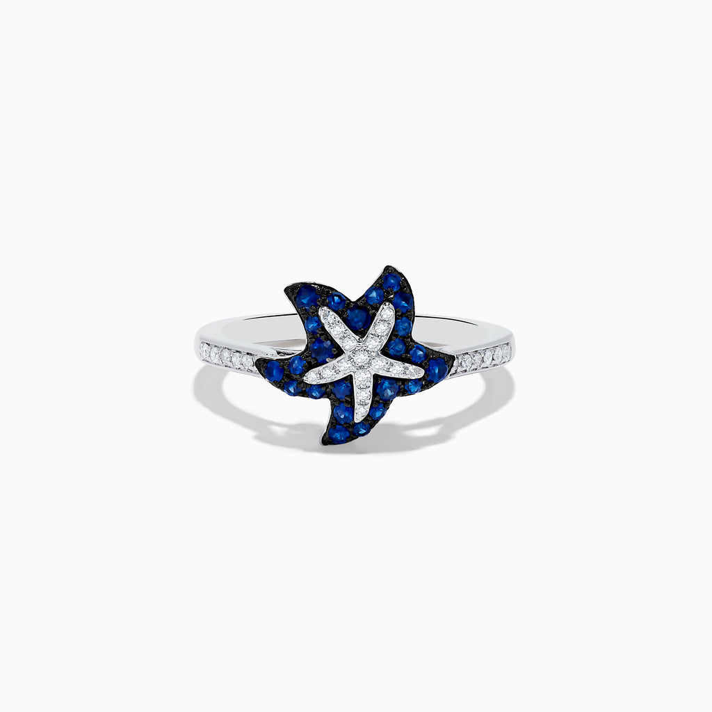 The Seaside 14K White Gold Sapphire & Diamond Starfish Ring, 0.46 TCW showcases a starfish-shaped design with sapphires and diamonds accents on the band and starfish.