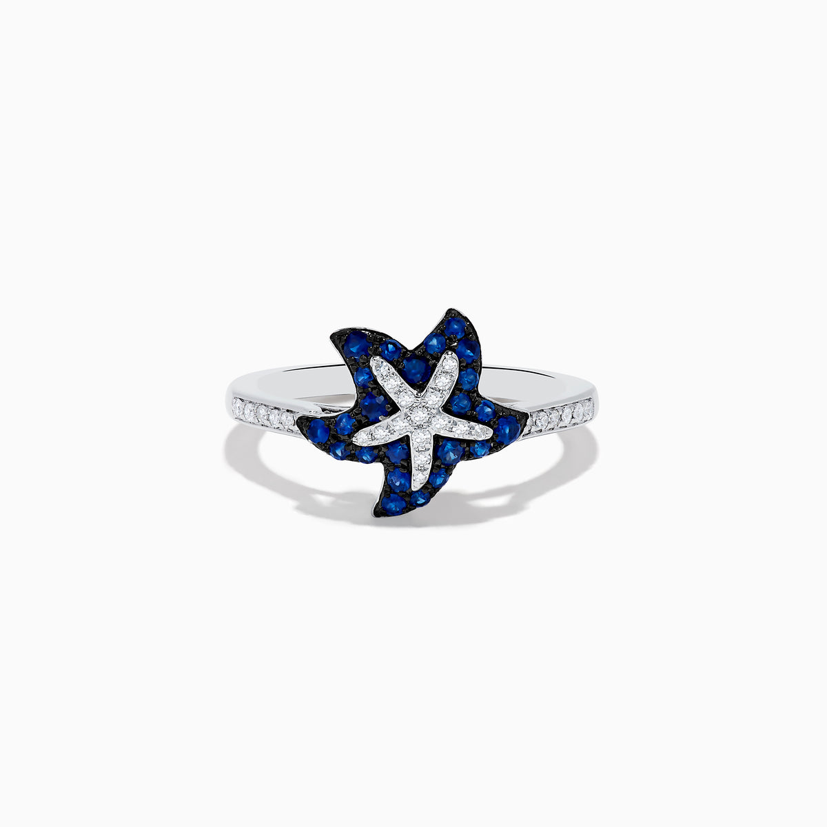 The Seaside 14K White Gold Sapphire & Diamond Starfish Ring, 0.46 TCW showcases a starfish-shaped design with sapphires and diamonds accents on the band and starfish.