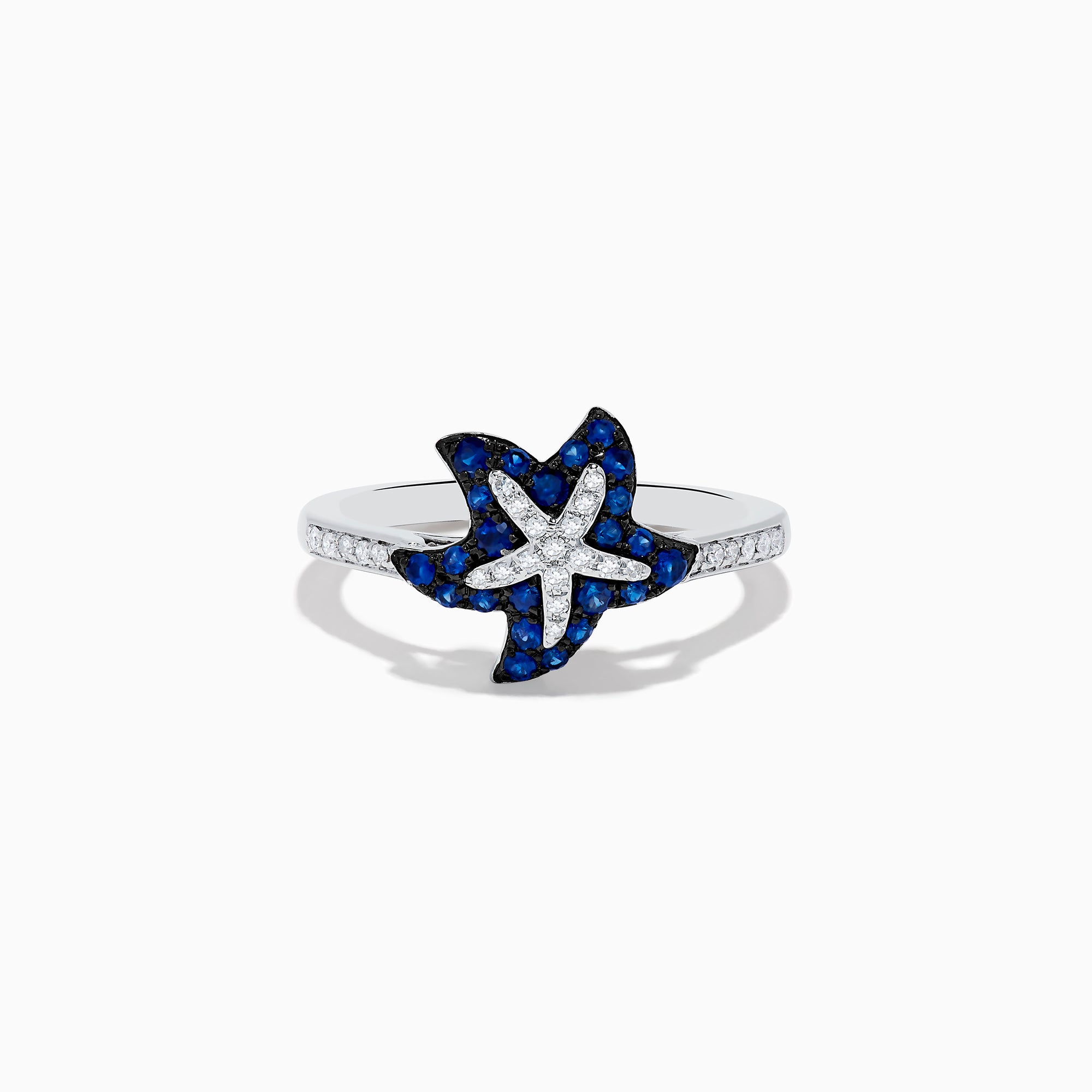 The Seaside 14K White Gold Sapphire & Diamond Starfish Ring, 0.46 TCW showcases a starfish-shaped design with sapphires and diamonds accents on the band and starfish.
