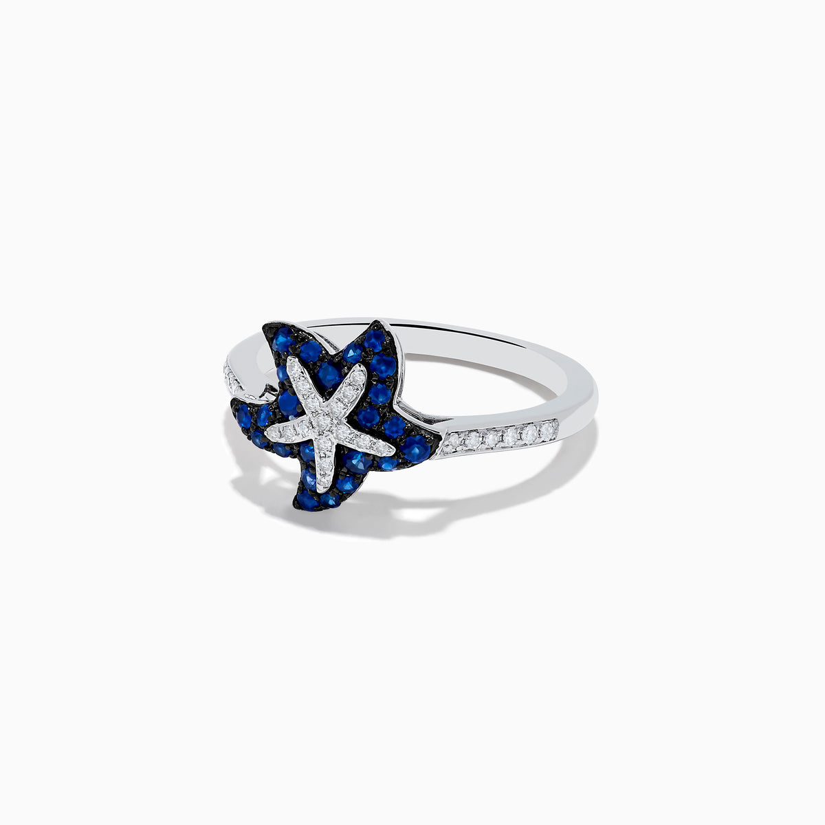 The Seaside 14K White Gold Sapphire & Diamond Starfish Ring, 0.46 TCW showcases a starfish-shaped design with sapphires and diamonds accents on the band and starfish.