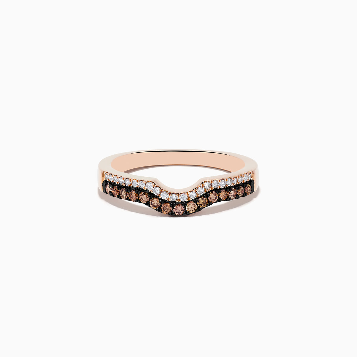 The 14K Rose Gold Espresso and White Diamond Band features a wavy design with two rows of round diamonds—white and espresso brown—for a stylish, modern look. The polished finish enhances its contemporary appeal.