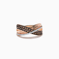 The 14K Rose Gold Espresso and White Diamond Ring, 0.48 TCW, features a crisscross design with rows of sparkling espresso and white diamonds set in overlapping bands for a striking look.