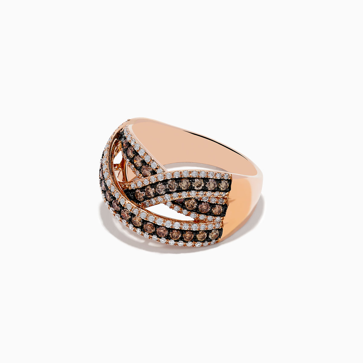 The 14K Rose Gold Diamond Criss Cross Ring, 1.06 TCW, showcases interwoven bands with brown and white diamonds in intricate rows, displayed on a white background.