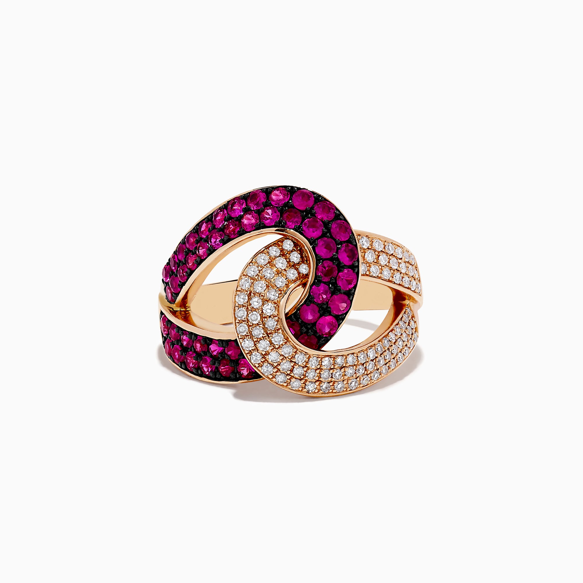 The Rosa 14K Rose Gold Ruby and Diamond Intertwined Ring, 1.15 TCW, features two interlocking loops—one set with vivid rubies, the other with sparkling diamonds—beautifully displayed on a white background.