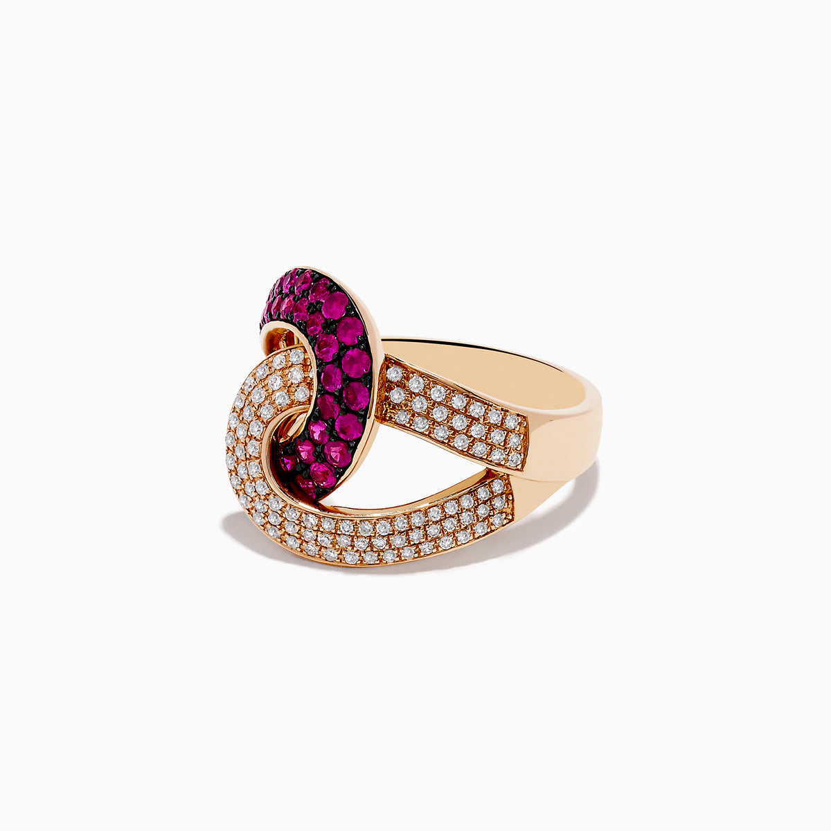 The Rosa 14K Rose Gold Ruby and Diamond Intertwined Ring, 1.15 TCW, features two interlocking loops—one set with vivid rubies, the other with sparkling diamonds—beautifully displayed on a white background.