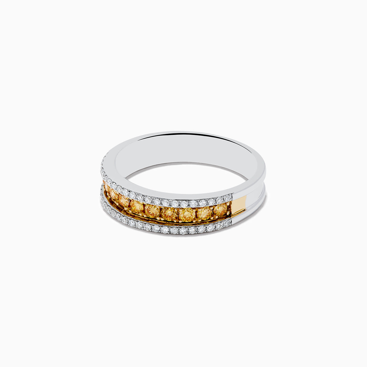 The Canare 14K Two Tone Gold Yellow and White Diamond Ring, 0.58 TCW, displays a central row of yellow diamonds bordered by white diamonds, elegantly showcased against a white background.