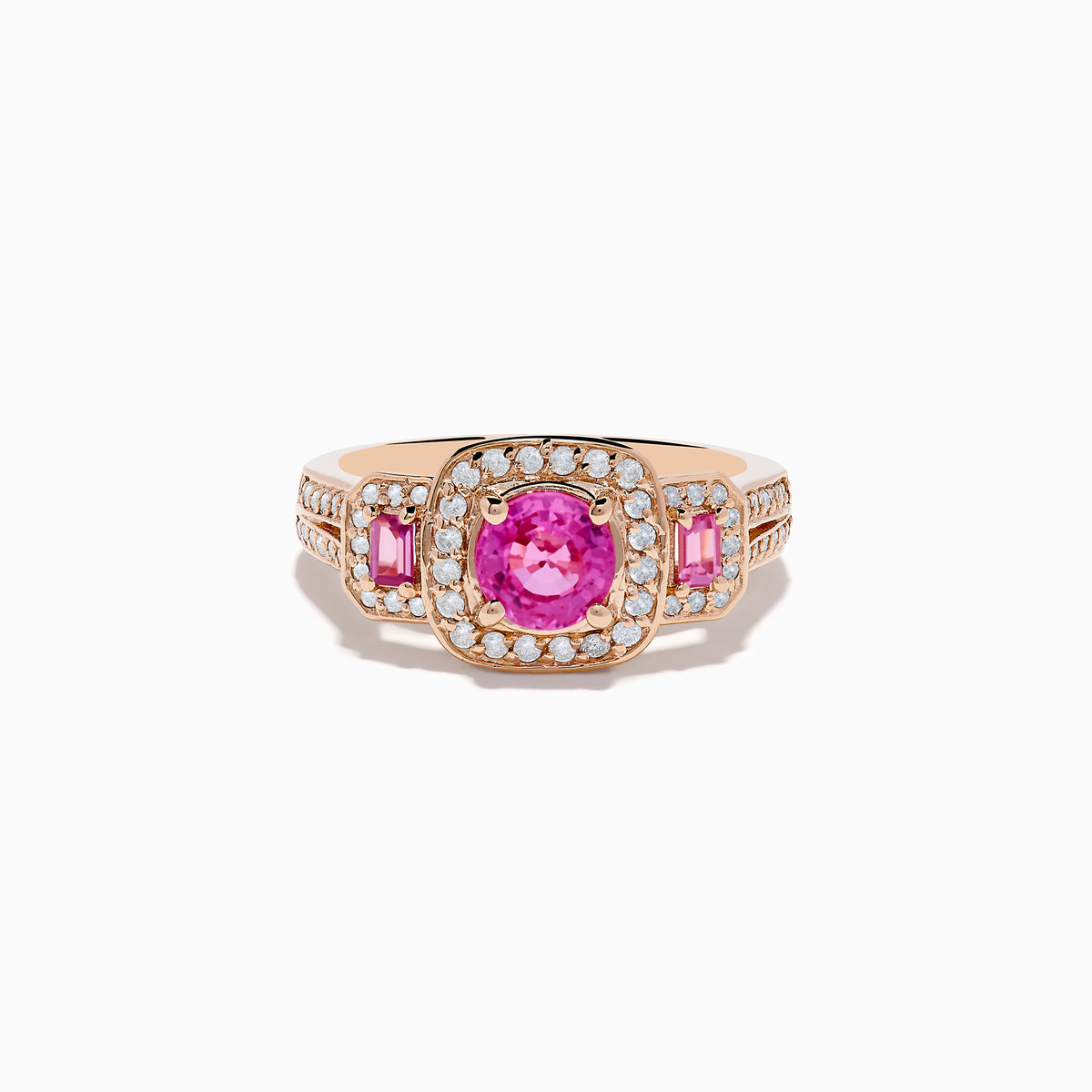 The 14K Rose Gold Pink Sapphire and Diamond Ring features a round pink sapphire center, accented by small diamonds and rectangular pink stones on each side of the band.