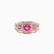 The 14K Rose Gold Pink Sapphire and Diamond Ring features a round pink sapphire center, accented by small diamonds and rectangular pink stones on each side of the band.