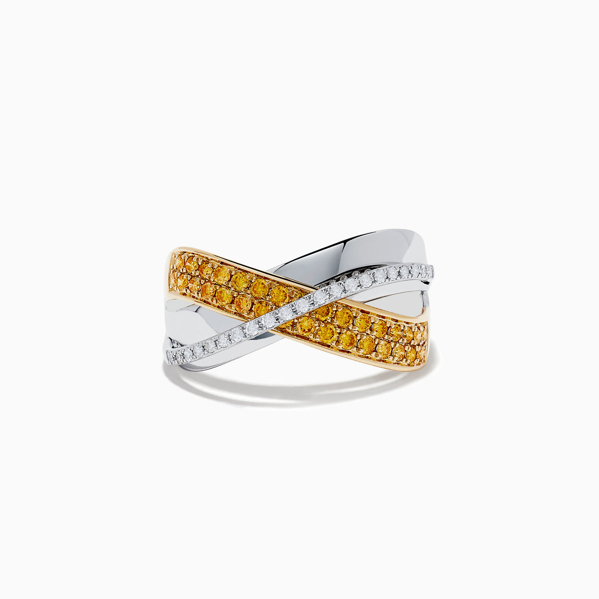 The Canare 14K Two-Tone Gold Ring features a crisscross design, one band set with yellow diamonds and the other with white diamonds, totaling 0.44 TCW—an elegant Effy creation.