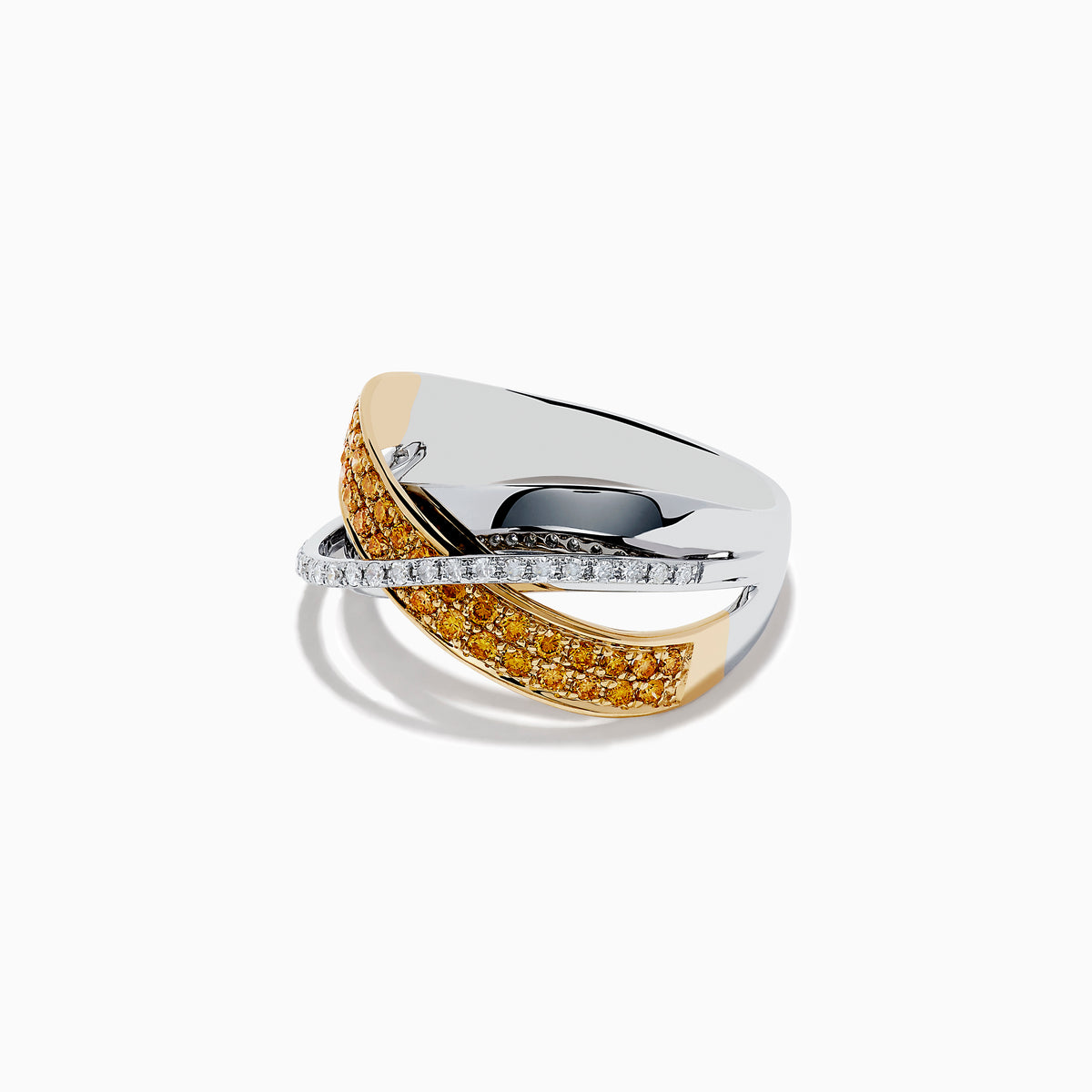 The Canare 14K Two-Tone Gold Ring features a crisscross design, one band set with yellow diamonds and the other with white diamonds, totaling 0.44 TCW—an elegant Effy creation.