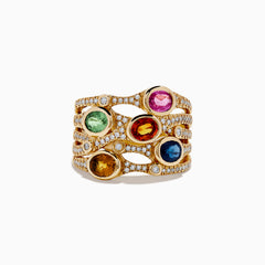 The Watercolors 14K Yellow Gold Multi Sapphire and Diamond Ring, 2.47 TCW, features five bands with green, orange, pink, blue, and yellow sapphires accented by small diamonds, displayed against a white background.