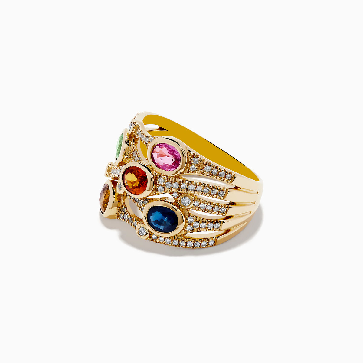 The Watercolors 14K Yellow Gold Multi Sapphire and Diamond Ring, 2.47 TCW, features five bands with green, orange, pink, blue, and yellow sapphires accented by small diamonds, displayed against a white background.