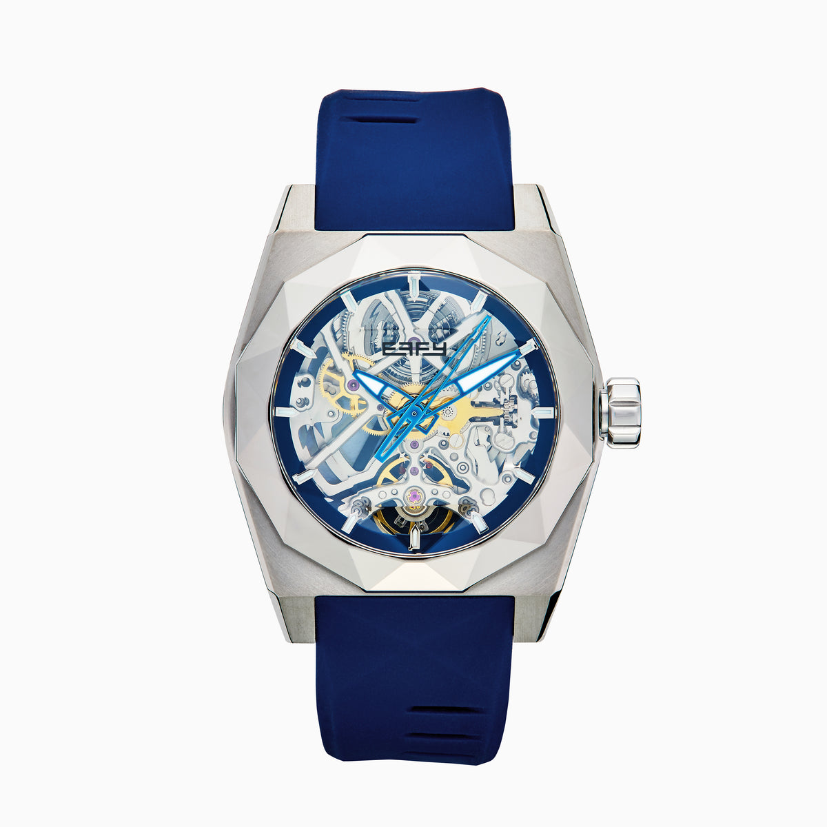 A modern 42MM Swiss Made Titanium Automatic Skeleton Watch with a blue strap, silver geometric case, and skeleton dial revealing intricate gears. Blue and silver hands complete this stylish Effy Watches timepiece.
