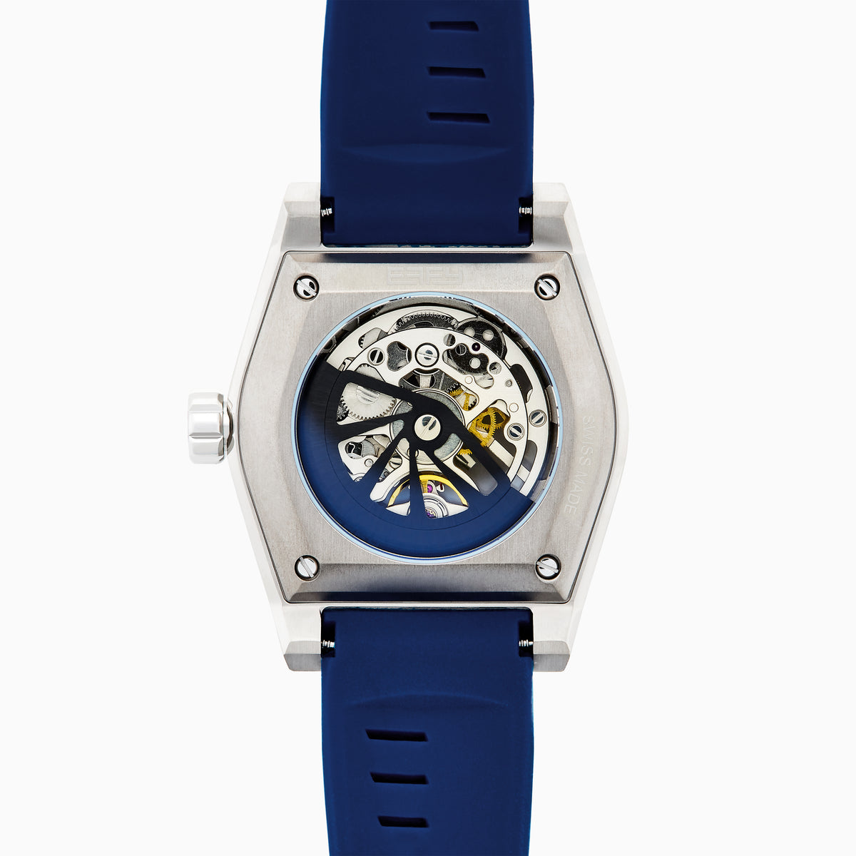 A modern 42MM Swiss Made Titanium Automatic Skeleton Watch with a blue strap, silver geometric case, and skeleton dial revealing intricate gears. Blue and silver hands complete this stylish Effy Watches timepiece.