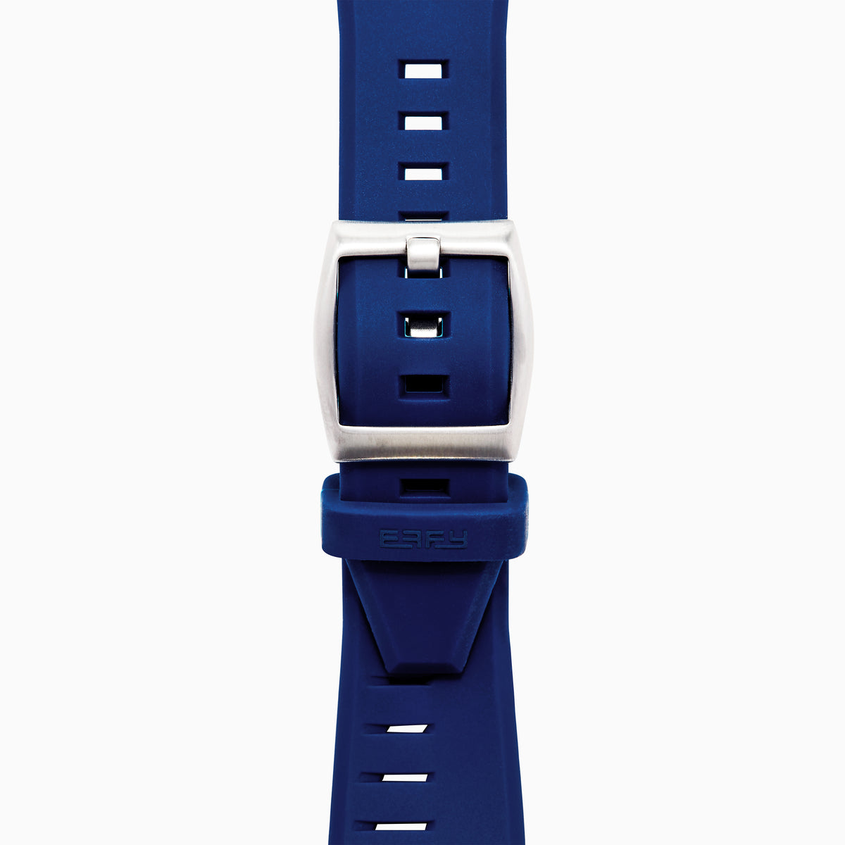 A modern 42MM Swiss Made Titanium Automatic Skeleton Watch with a blue strap, silver geometric case, and skeleton dial revealing intricate gears. Blue and silver hands complete this stylish Effy Watches timepiece.