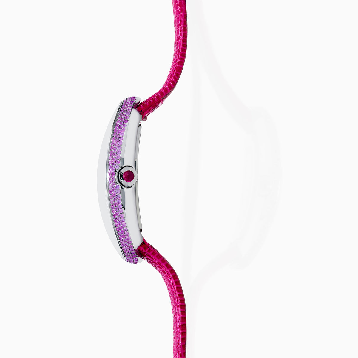 The 28MM Swiss Made Stainless Steel Cocktail Watch features an oval dial with pink sapphire and diamond accents, a pink textured strap, black hour and minute hands, and EFY branding at the center.